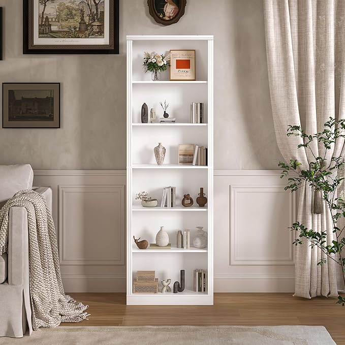 Wodeer Tall Bookshelf, 6-Tier Bookcase with 2 Adjustable Shelves, Modern Farmhouse Storage for Living Room, Entryway, Office, 23.6" W x 74.8" H x 10.6" D, White