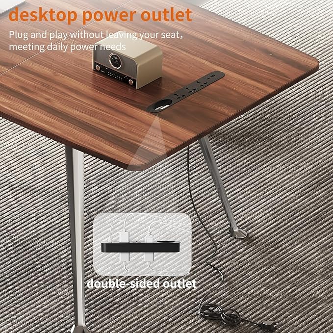 71-Inch Executive Desk, Computer Office Desk Workstation with Chrome-Plated Legs and Built-in Power Outlet, Writing Table Business Furniture, Modern Minimalist Style for Home Office, Walnut Brown