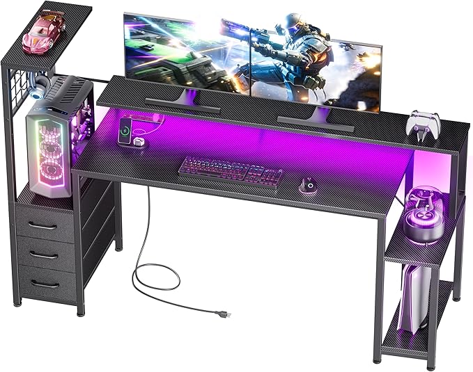 Korfile 63 Inch Gaming Desk with Bluetooth LED Lights & Power Outlets,Computer Desk with Fabric Drawers & Hooks,Reversible Gamer Table with Monitor Stand for Game Room,Home Office,Carbon Fiber Black