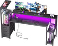 Korfile 63 Inch Gaming Desk with Bluetooth LED Lights & Power Outlets,Computer Desk with Fabric Drawers & Hooks,Reversible Gamer Table with Monitor Stand for Game Room,Home Office,Carbon Fiber Black