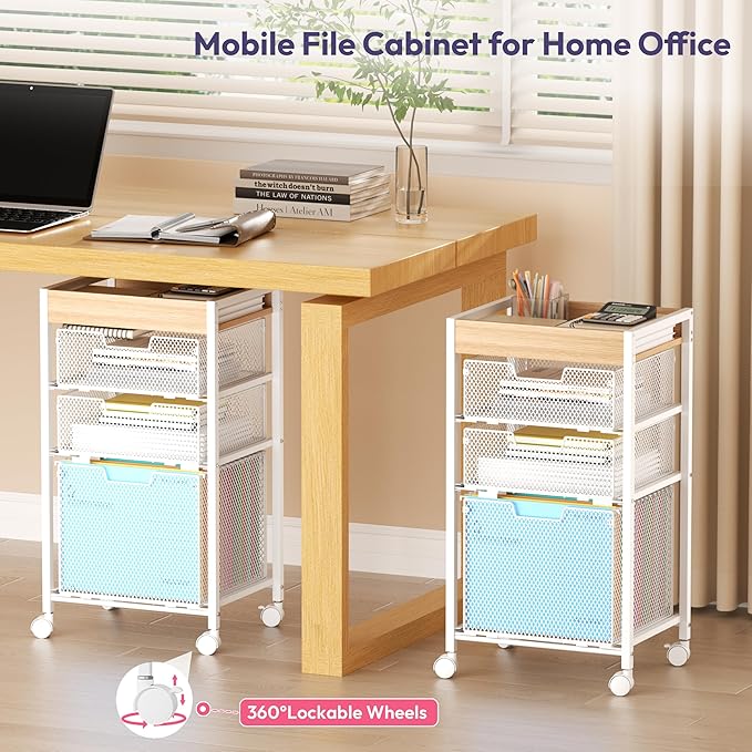 SWTYMIKI Rolling File Cart with Drawers - 4 Tier Under Desk Storage Craft Rolling Organizer Cart - Office Storage &Organization, Mobile Metal Filing Cabinet for Office and Home White