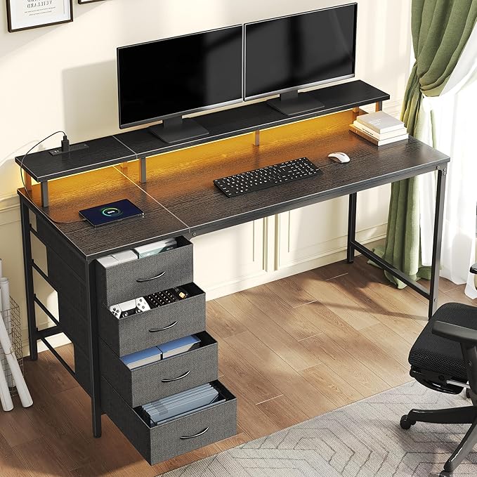 DUMOS Computer Desk with 4 Drawers,4 Drawer Gaming Desk with Power Outlets and LED Lights,Office Desk for Small Spaces with Monitor Shelf,Writing Desk for Home Office, Bedroom,Study 39 Inch Black