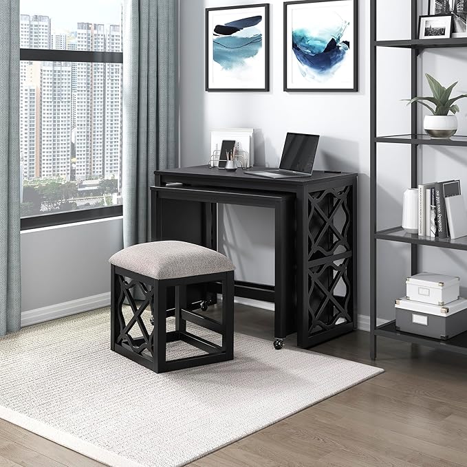Lexicon Space-Saving Home Office Wood Desk Set, Modern Makeup Vanity Desk with Padded Vanity Stool, USB Charging Port, Nesting Table, Rolling Small Computer Table for Writing/Study/Bedroom, Black