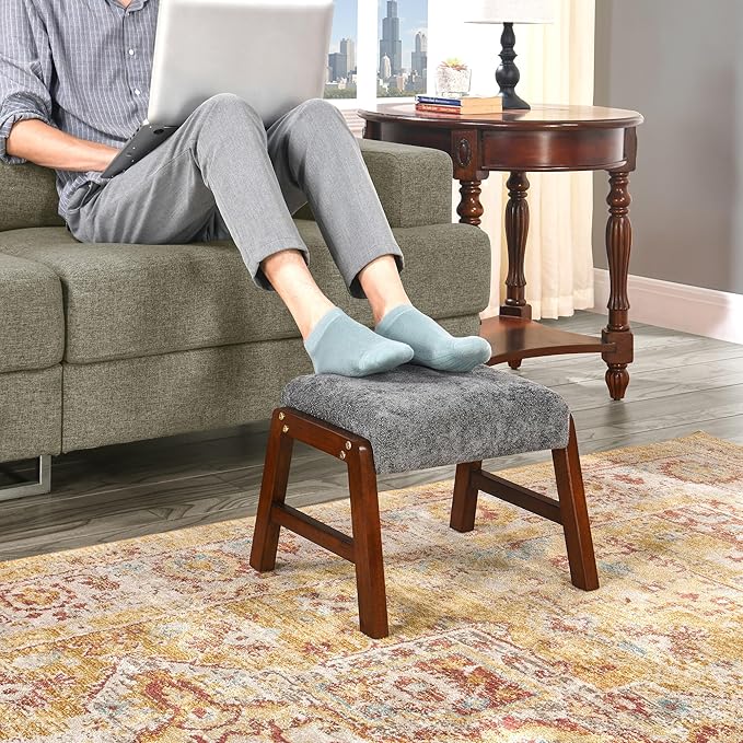 Small Footstool Ottoman, 11.8" H Fabric Wooden Foot Rest Ottoman with Wood Legs, Small Foot Stool Sofa Footrest Extra Seating for Living Room Entryway Office, Charcoal Grey