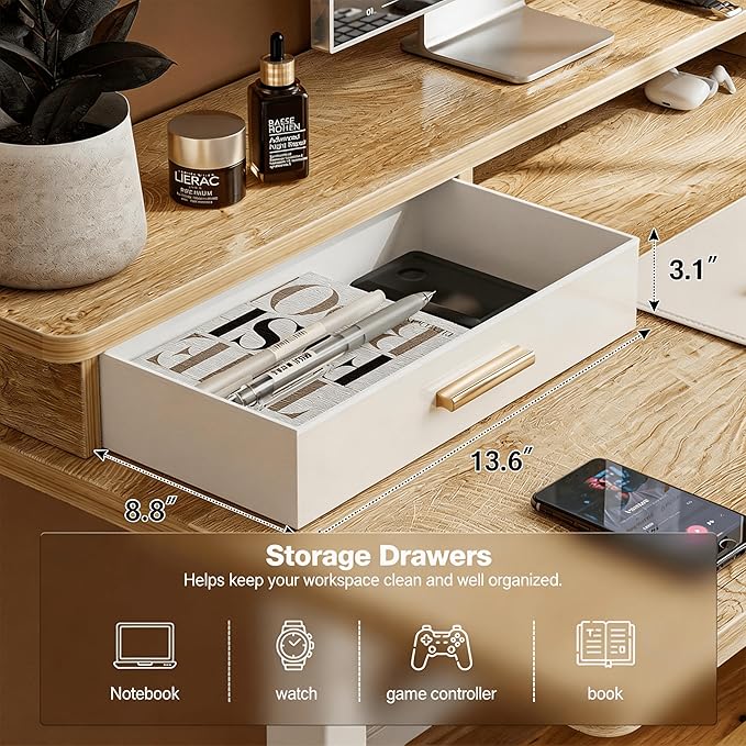 Grandder Electric Standing Desk with Two Drawers, Sit to Stand Up Height Adjustable Desk with Storage Shelf for Home Office, 48 * 24 Inch, Study, Ergonomic Adjustable Computer Desk, Oak