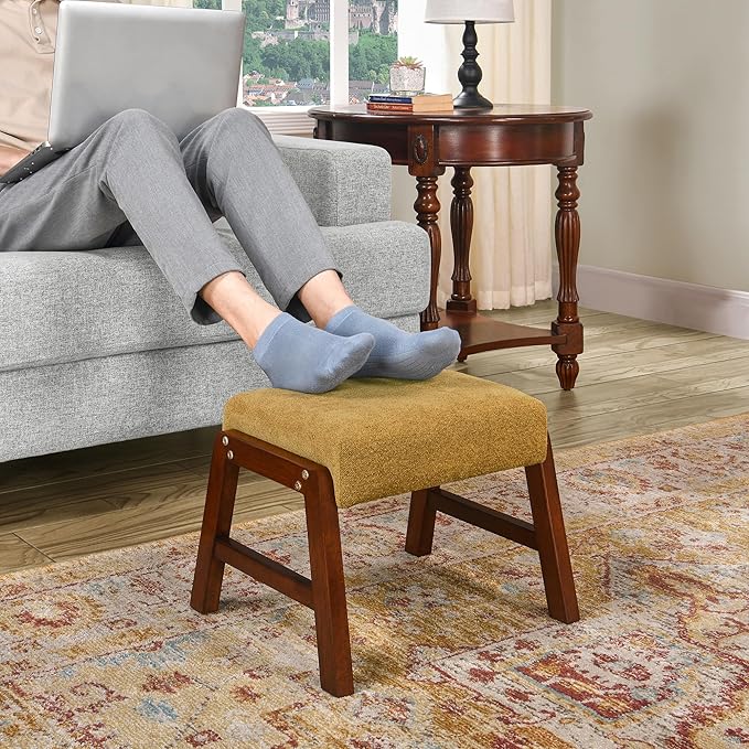 Small Footstool Ottoman, 11.8" H Fabric Wooden Foot Rest Ottoman with Wood Legs, Small Foot Stool Sofa Footrest Extra Seating for Living Room Entryway Office, Turmeric