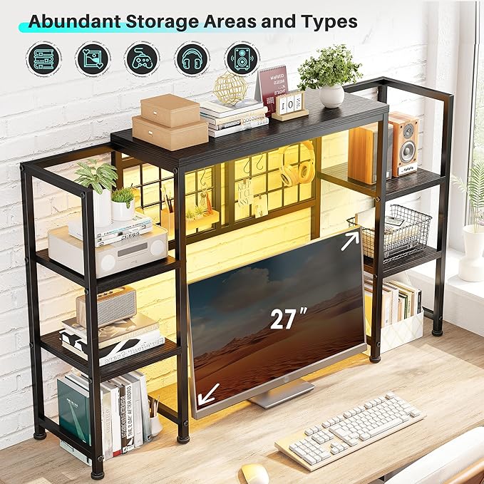 REIBII Desk Shelf with LED Light Strip,Adjustable 45.1" Desk Hutch Dorm with 5 Tier Display Shelf Rack,Desktop Bookshelf with Grid Panel & Hooks for Home, Office and Dorm, Black