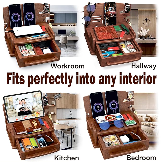 MED Wood Phone Docking Station with Drawer - Nightstand Organizer (Dark Walnut)