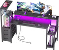 Korfile 55 Inch Gaming Desk with Bluetooth LED Lights & Power Outlets,Computer Desk with Fabric Drawers & Hooks,Reversible Gamer Table with Monitor Stand for Game Room,Home Office,Carbon Fiber Black