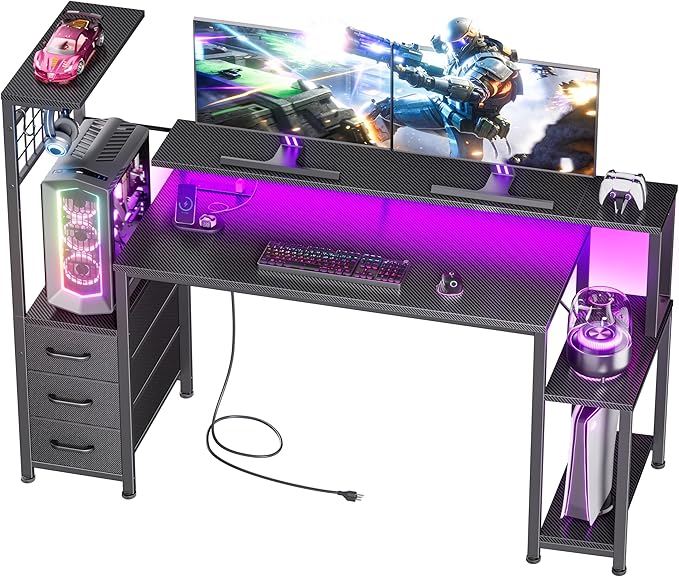 Korfile 55 Inch Gaming Desk with Bluetooth LED Lights & Power Outlets,Computer Desk with Fabric Drawers & Hooks,Reversible Gamer Table with Monitor Stand for Game Room,Home Office,Carbon Fiber Black