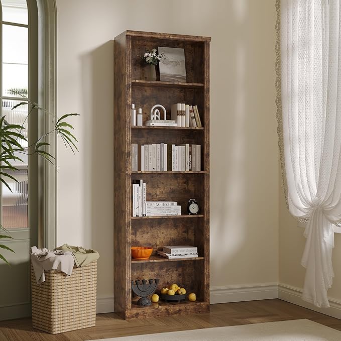 Wodeer Tall Bookshelf, 6-Tier Bookcase with 2 Adjustable Shelves, Modern Farmhouse Storage for Living Room, Entryway, Office, 23.6" W x 74.8" H x 10.6" D, Brown