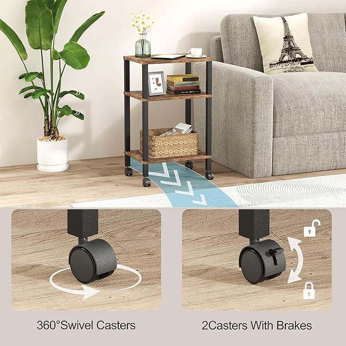 3-Tier Printer Stand with Storage, Mobile Printer Cart with Rolling Casters & Adjustable Feet, Under Desk Storage Shelf for Home Office, Rustic Brown, 15.7" x 11.8" x 25.9"
