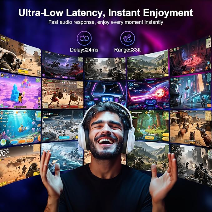 Vakedy HW10 Wireless Gaming Headset for PS5, PS4, PC, Switch, Mac, 2.4GHz Wireless Gaming Headphone with Flip Noise Canceling Mic, 50H Battery, 50mm Drivers, RGB Lights (White/Black)