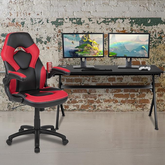 Flash Furniture Gaming Desk and Red/Black Racing Chair Set/Cup Holder/Headphone Hook/Removable Mouse Pad Top - 2 Wire Management Holes