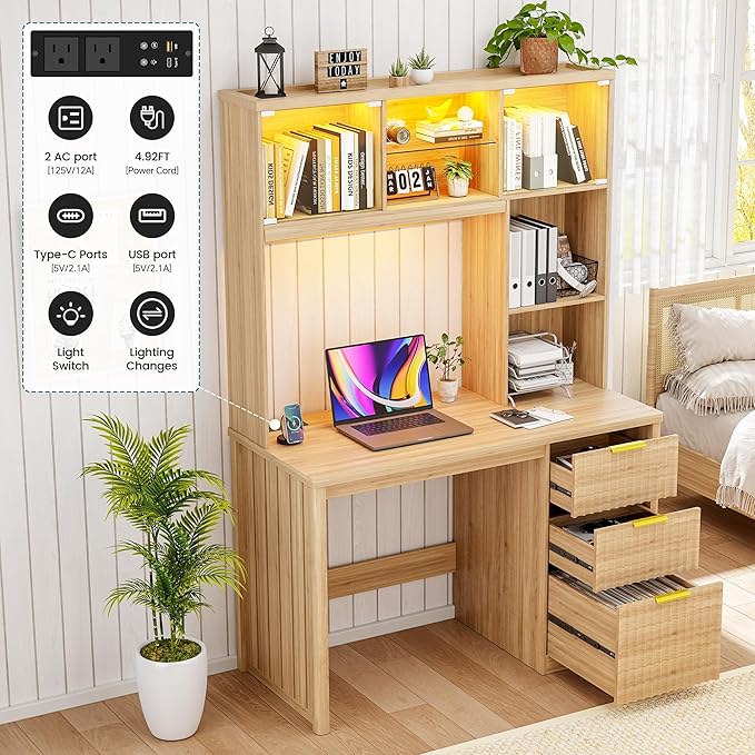 WOOVIVS Standing Desk with LED Light for Office Room, Smart Computer Desk with Hutch and Drawer for Game Room,Modern Study Table with 2AC Port Charging Station/Lamp/for Bedroom (Wood)