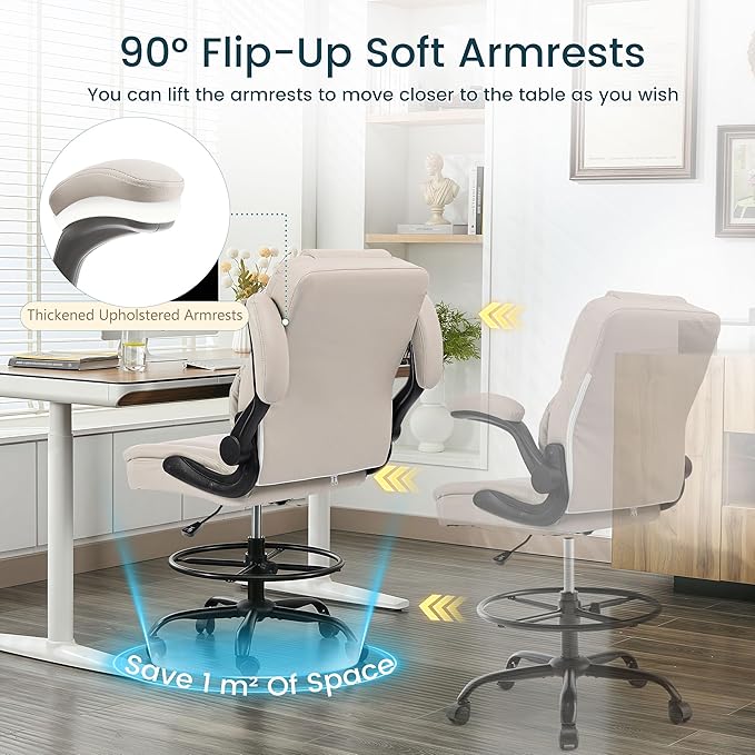 Drafting Chair 500Lbs, Tall Office Chair for Standing Desk, High PU Leather Executive Office Chair with Flip-up Armrests, Ergonomic High Chair with Adjustable Foot Ring, Comfy Stool Chairs, Beige