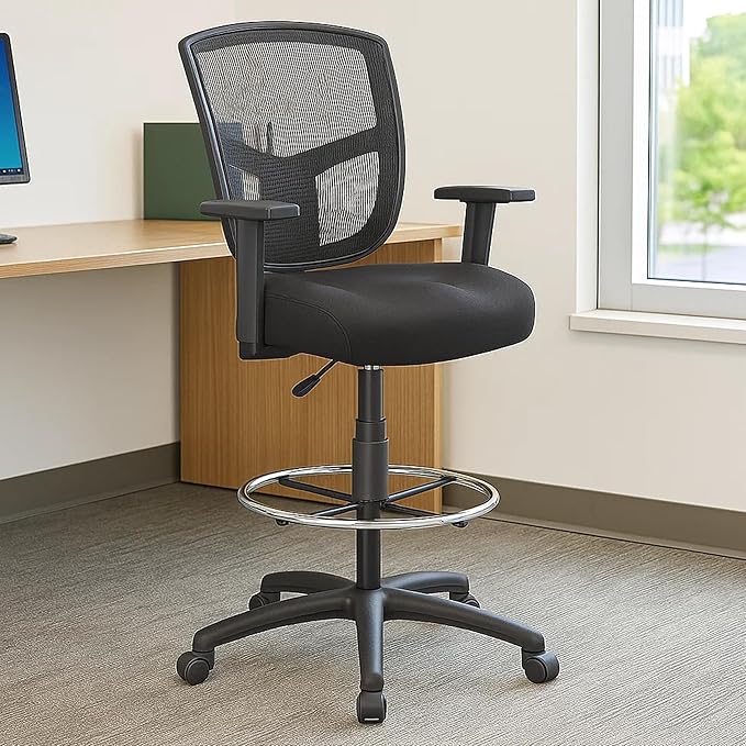 Benzara MEA Drafting Stool Chair, Adjustable Arms, Black Mesh, Chrome Footring