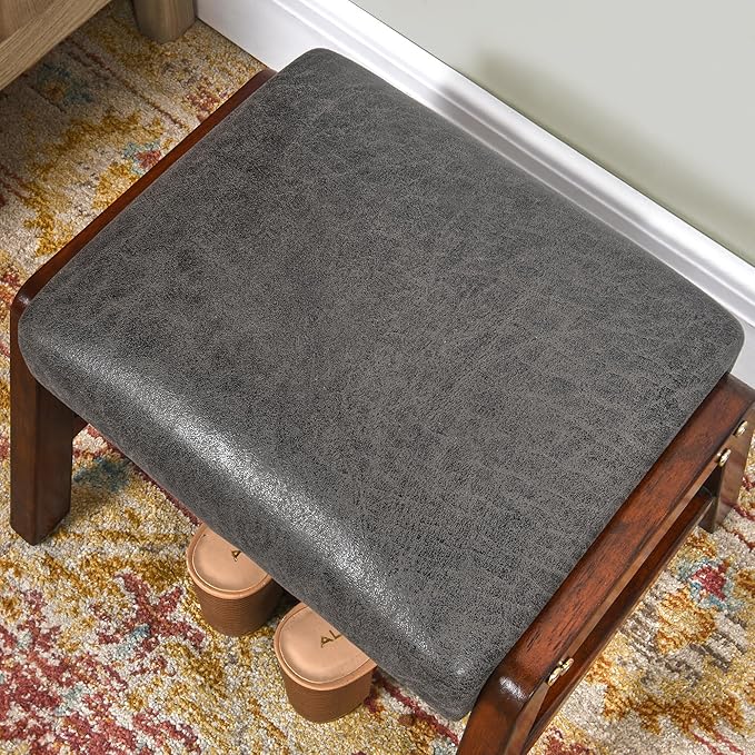 Small Footstool Ottoman, 11.8" H Fabric Wooden Foot Rest Ottoman with Wood Legs, Small Foot Stool Sofa Footrest Extra Seating for Living Room Entryway Office, Grey