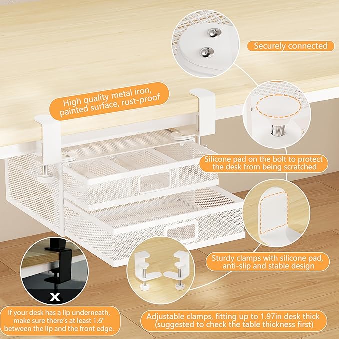 Under Desk Drawer Organizer with 2 Slide Out Drawers – No Drilling Metal Clamp-On Storage, Anti-Slip Desk Drawer Attachment for Home & Office Desktop Organization (White)