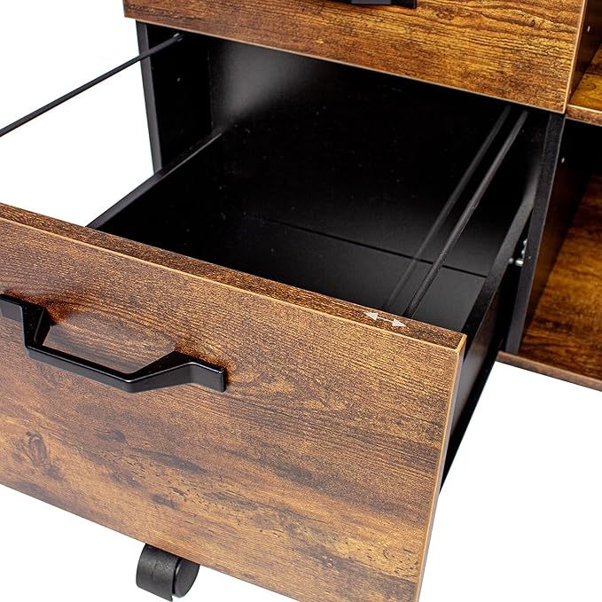 Relaxdays Mobile Filing Cabinet with 3 Drawers, 2 Shelves, Lockable, 4 Wheels, Office Storage, Brown/Black, 66x80x40 cm