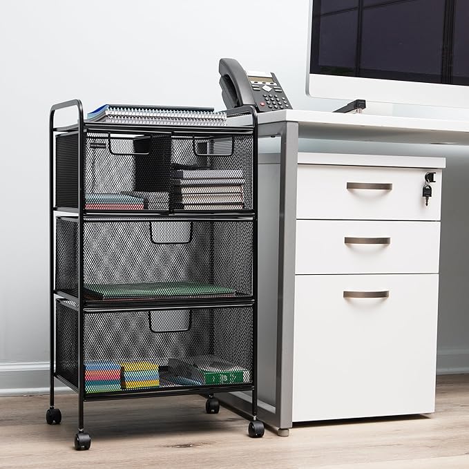 Mind Reader Cart with Drawers, Multipurpose Office Organizer, Utility Cart, Rolling Storage, Metal Mesh, Black