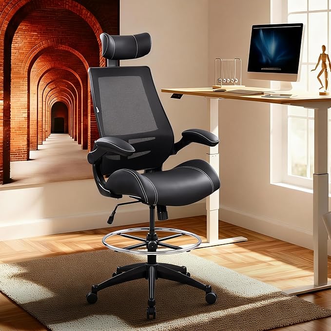 BOLISS Ergonomic Drafting Chair with 4-Level Adjustable Headrest Tall Standing Desk Stool with Soft Microfiber Leather Seat, Breathable Mesh Back, 90° Flip-Up Arms, and Adjustable Foot Ring