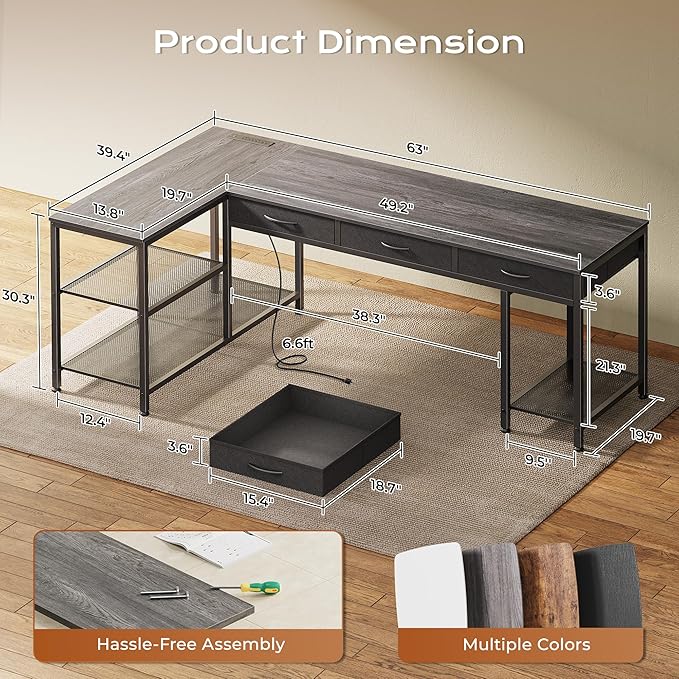 PRAISUN 63 Inch L Shaped Office Desk with Power Outlets and Type-C Port, Large Computer Gaming Desk with 3 Fabric Drawers, Mesh Shelves, Corner Study Work Writing Desk, Grey