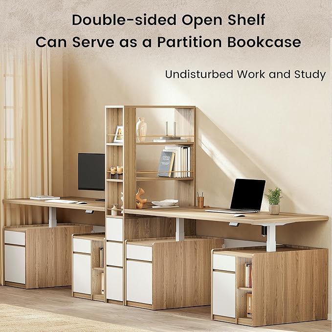 ModernMate Furniture Set, 70.8'' Executive Standing Desk with 71'' Tall Bookcase, AC/USB, File Cabinet, Double-Sided Narrow Display Shelves, Home Office Wood Storage Furniture, Light Walnut