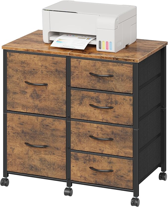 HIGDBFE 6 Drawer Mobile Lateral File Cabinet, Rolling Printer Stand, Under Desk Filing Cabinet Fits A4 Files, Home Office Storage Fabric Cabinet, 2X Space, Rustic Brown, 21.7''