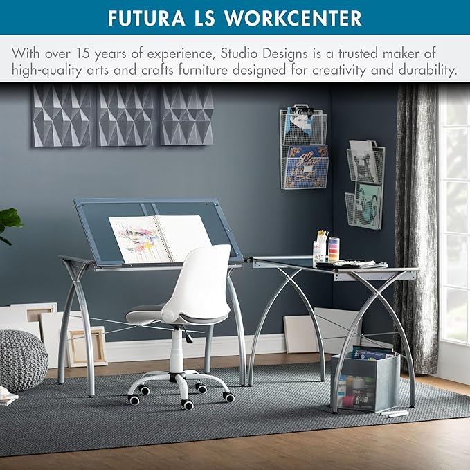 SD STUDIO DESIGNS Futura LS WorkCenter with Tilt Top Adjustable Drafting Table Craft Table Drawing Desk Hobby Table Writing Desk Studio Desk, Silver / Blue Glass
