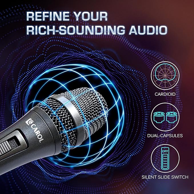 CAROL AC-910S XLR Wired Vocal Microphone – Dynamic Cardioid Mic with AHNC Dual-Engine Noise Cancelling Tech for Singing, Karaoke, Stage & Studio, Includes Mic Clip, 14.8ft XLR Cable & On/Off Switch