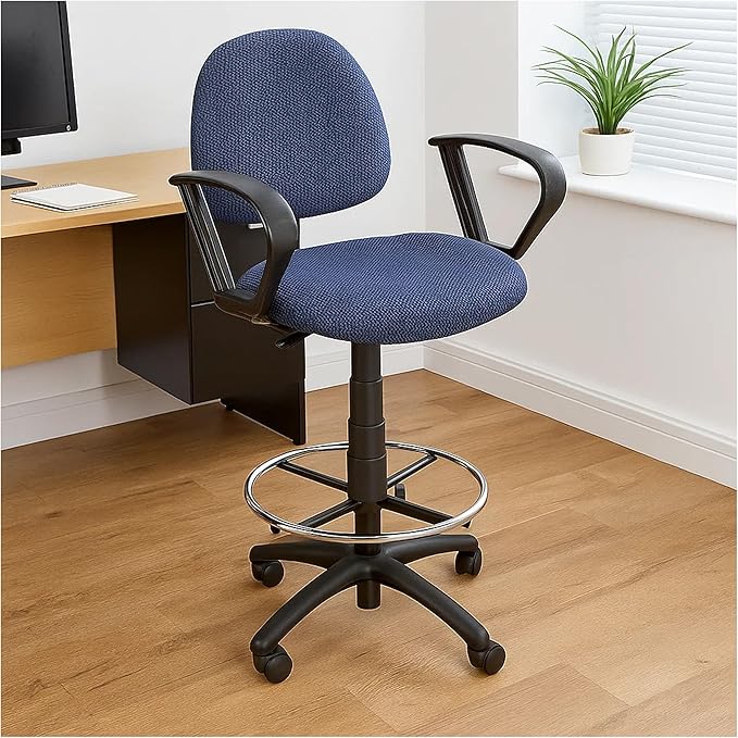 Benzara Jea Drafting Stool Chair, Loop Arms, Blue Tweed, Round Footring