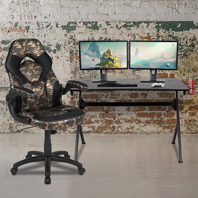 BizChair Black Gaming Desk and Camouflage/Black Racing Chair Set with Cup Holder, Headphone Hook & 2 Wire Management Holes