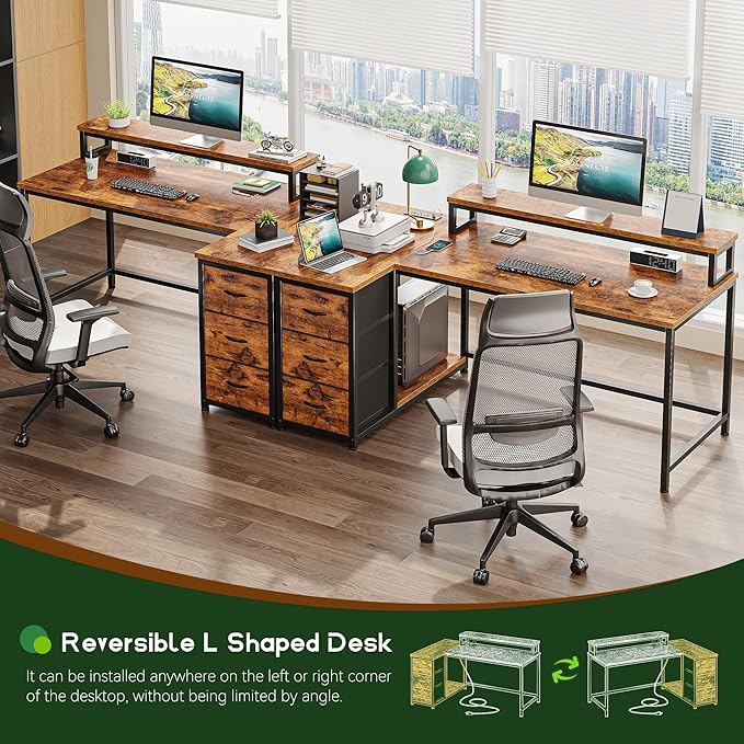 EnHomee L Shaped Gaming Desk with Monitor Stand & 3 Drawers, 48 Inch Computer Desk with Power Outlet Reversible Office Desk with LED Lights for Gaming, Study Room, Home Office, Rustic Brown