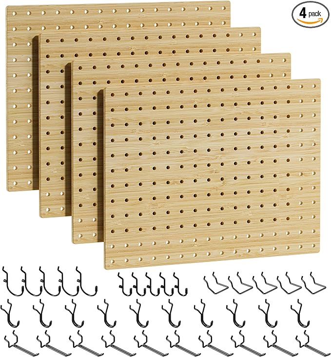 VOIMO Bamboo Peg Board, Eco-Friendly Pegboard Organizer Set with 35 Hooks – Wall Mounted Storage Rack for Kitchen, Tools, Crafts, Garage & Office – Pegboards System for Home Organization
