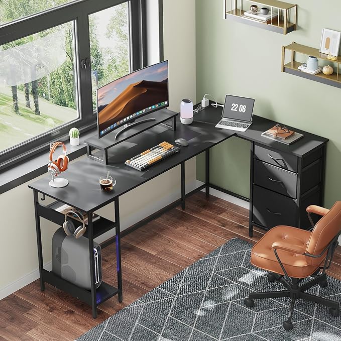 DEVAISE L Shaped Desk with Drawers, L Shaped Gaming Desk with Power Outlets, LED Lights, Monitor Stand, Computer Table, Large Corner Desk for Home Office (Black, 66 Inch)