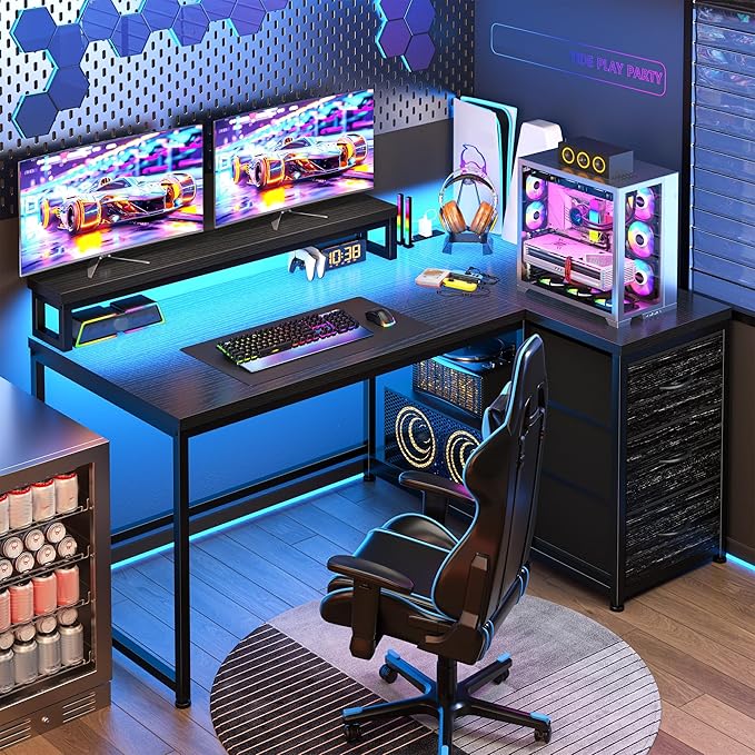 EnHomee Gaming Desk with LED Lights & Power Outlet, 40Inch L Shaped Computer Desk with Drawers, Small Desk Home Office Desks with Monitor Stand for Gaming,Study Room,Home Office,Bedroom,Black
