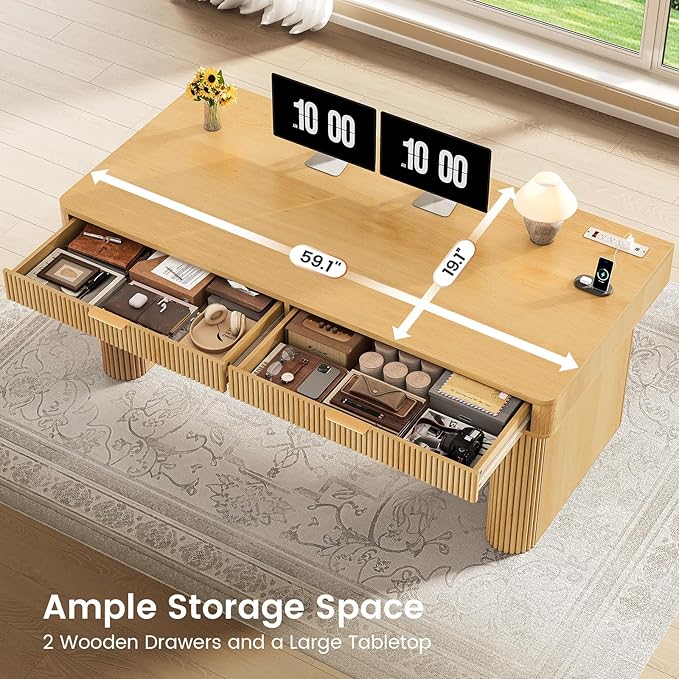 SEDETA Office Desk with 2 Drawers, 59" Fluted Computer Desk with Storage and Power Strip, Wood Executive Desk, Writing Desk for Home Office, Living Room, Bedroom, Oak
