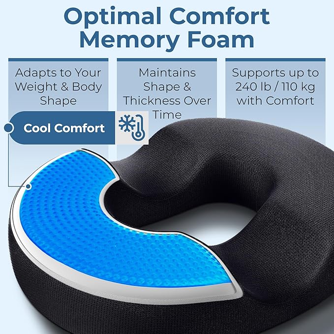5 STARS UNITED Donut Pillow Hemorrhoid Tailbone Cushion – Large Cushion for Pain Relief – Coccyx, Prostate, Sciatica, Pelvic Floor, Pressure Sores, Pregnancy, Postpartum Recovery, Arctic Black