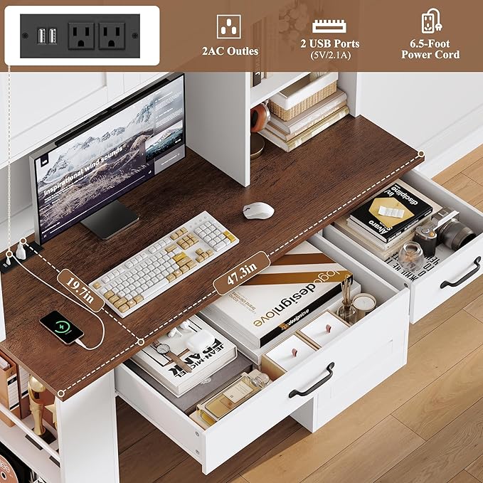 Keyluv 71" Tall Computer Desk with Hutch Cabinet, Home Office Desk with Storage Drawers Shelves and Side Rack, Wood Executive Desk with Doors, Outlet Station and Smart LED Lights, White