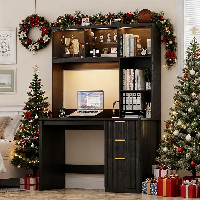 Lvifur LED Study Desk - with Hutch & Storage Cabinet, 47" Computer Desks with Outlet and 3 Color LED, Writing Desk, Home Office Desk for Studyroom, Ideal for Office Set, Black