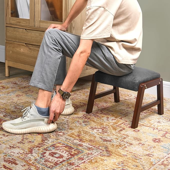 Small Footstool Ottoman, 11.8" H Fabric Wooden Foot Rest Ottoman with Wood Legs, Small Foot Stool Sofa Footrest Extra Seating for Living Room Entryway Office, Grey