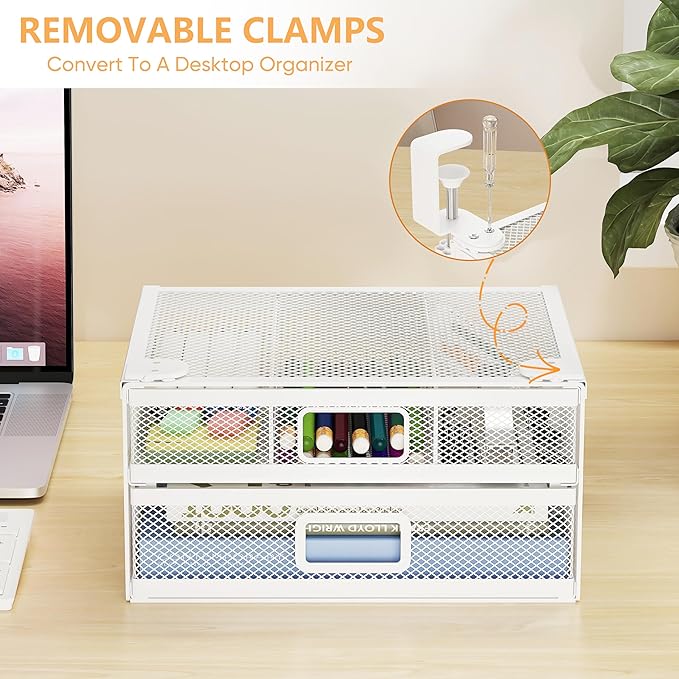 Sliding Under Desk Drawer Organizer No Drilling 2 Drawers Slide Out Desktop Or Under Table Storage Metal Clamp On Desk Drawer Attachment Anti-Slip Desktop Organizer for Home & Office, White