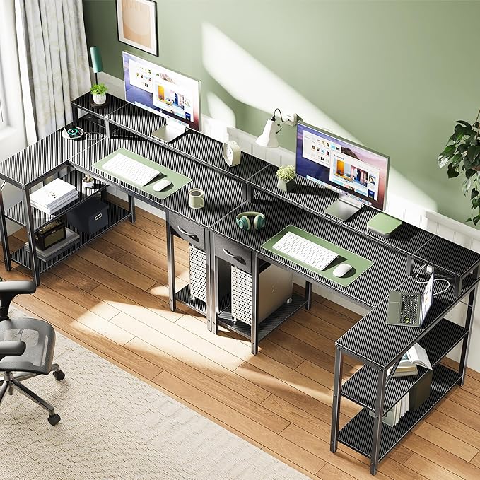 SUPERJARE 47 inch L Shaped Gaming Desk with LED Lights & Power Outlets, Reversible Computer Desk with Shelves & Monitor Stand, Corner Desk with Drawer, for Home & Office, Carbon Fiber Black