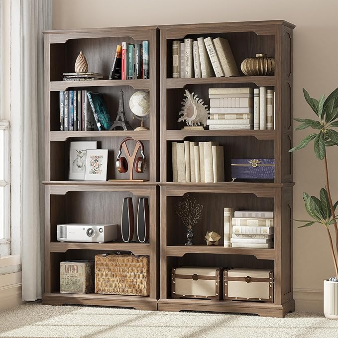 70 Inches Farmhouse Bookcase Bookshelf, Two-Tone Shelves, 5 Tier Bookshelf with Arched Trim, Home Office Living Room Storage Cabinet Unit, 31.5x11.8 Inches (Walnut, Open Shelf)