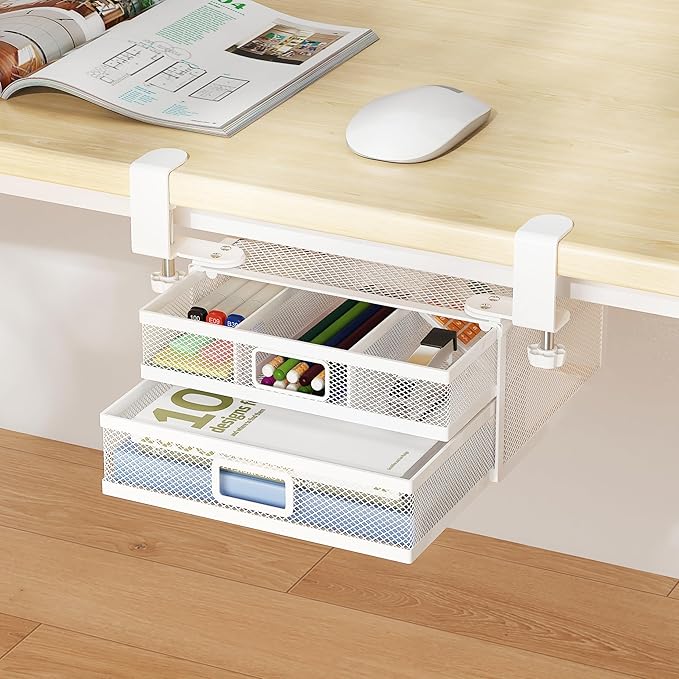 Under Desk Drawer Organizer with 2 Slide Out Drawers – No Drilling Metal Clamp-On Storage, Anti-Slip Desk Drawer Attachment for Home & Office Desktop Organization (White)