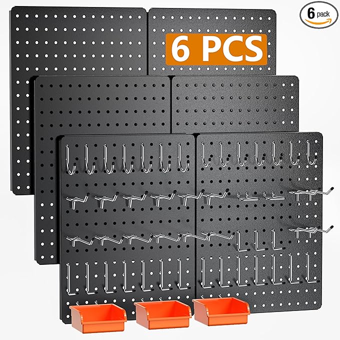 Peg Board, 112PCS Heavy Duty Metal Pegboard with Hooks, 6 Pack Black Peg Board Panels, 60lbs Load Capacity Each, Pegboard Wall Organizer for Garage, Workshop, Kitchen, Craft Rooms