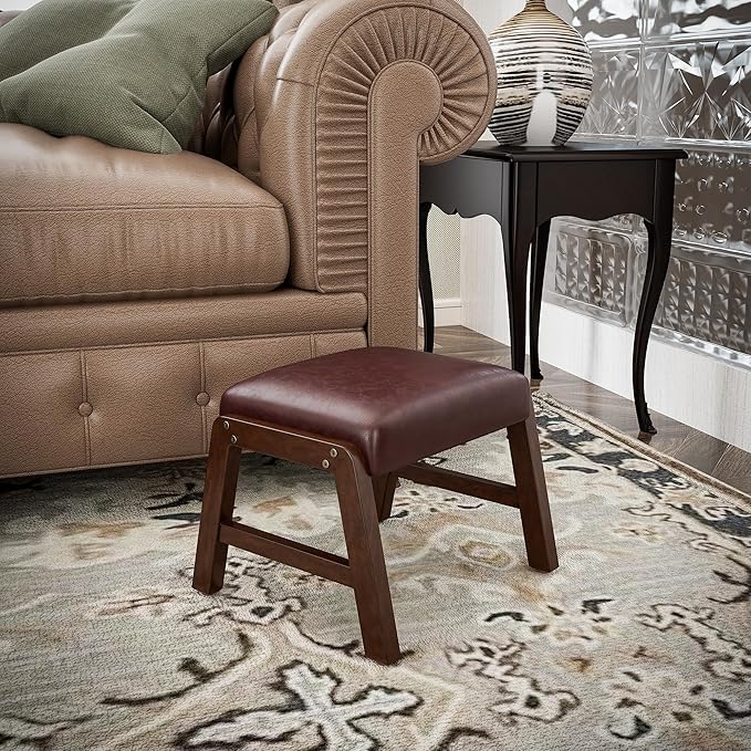 Small Foot Rest Ottoman, 11.8" H PU Leather Rectangle Foot Stool with Non-Skid Wood Legs, Small Foot Step Footstool Sofa Footrest for Couch, Desk, Office, Wine Red