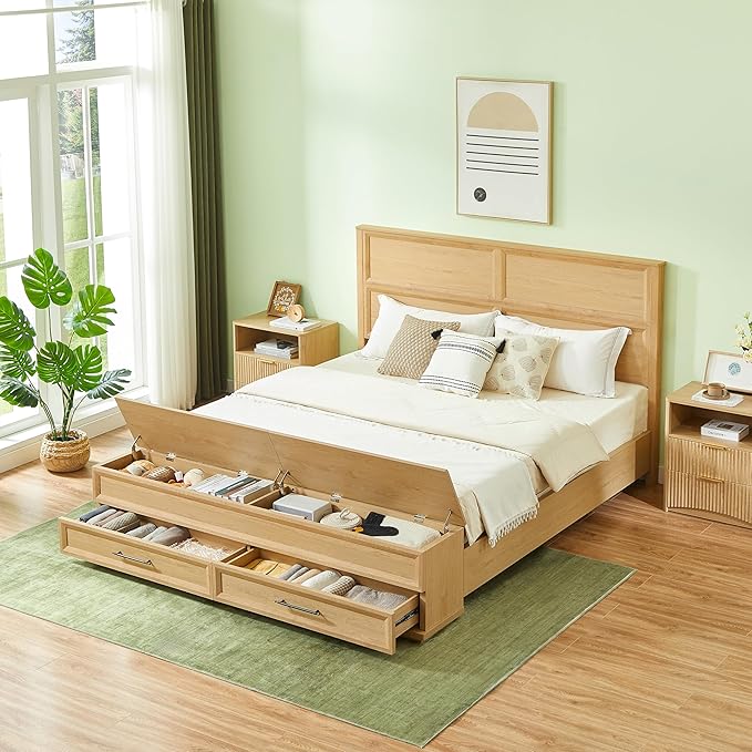 King Size Bed with 3D Geometric Headboard & Storage Bench - 4-Drawer Storage, Modern Bedroom Furniture,Oak. The 3D geometric grid pattern on the headboard exudes modern charm, blending refinement wi