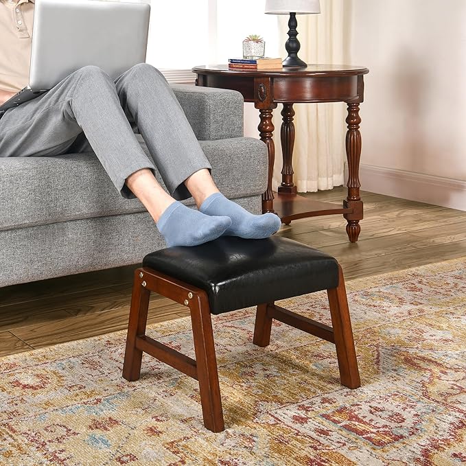 Small Foot Rest Ottoman, 11.8" H PU Leather Rectangle Foot Stool with Non-Skid Wood Legs, Small Foot Step Footstool Sofa Footrest for Couch, Desk, Office, Black